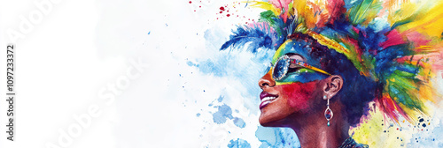 Fototapeta Colorful celebration of Rio de Janeiro carnival with vibrant costume and festive spirit. Horizontal banner. Copy space. Watercolor illustration