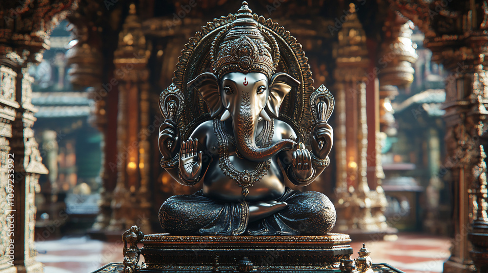 Majestic statue of ganesha, the hindu god of wisdom and prosperity, sits in a beautifully ornate temple, radiating spiritual energy Majestic statue of ganesha, the hindu god of wisdom and prosperity, sits in a beautifully ornate temple, radiating spiritual energy