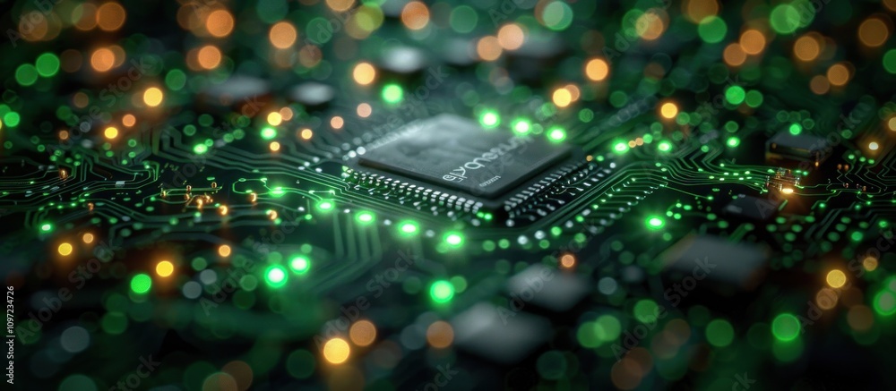 Obraz premium Close-up of a Computer Microchip on a Circuit Board with Glowing Lights