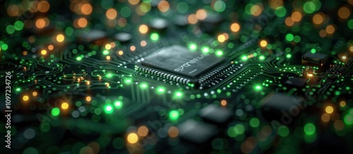 Close-up of a Computer Microchip on a Circuit Board with Glowing Lights