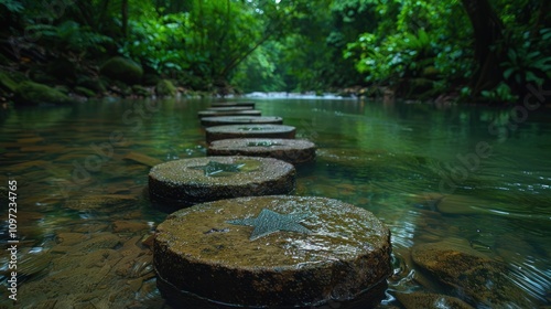 Stepping Stones in a Lush Jungle Stream