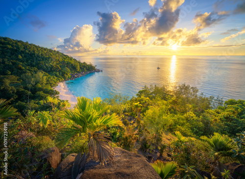 Obraz na płótnie sunset at tropical beach anse georgette on praslin on the seychelles w salonie