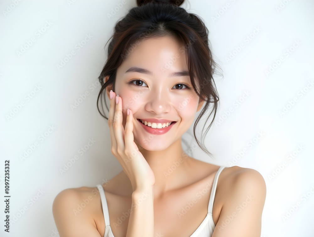 Natural beauty. Portrait of happy korean lady with natural makeup and healthy smooth skin smiling at camera, posing on white studio background Natural beauty. Portrait of happy korean lady with natural makeup and healthy smooth skin smiling at camera, posing on white studio background