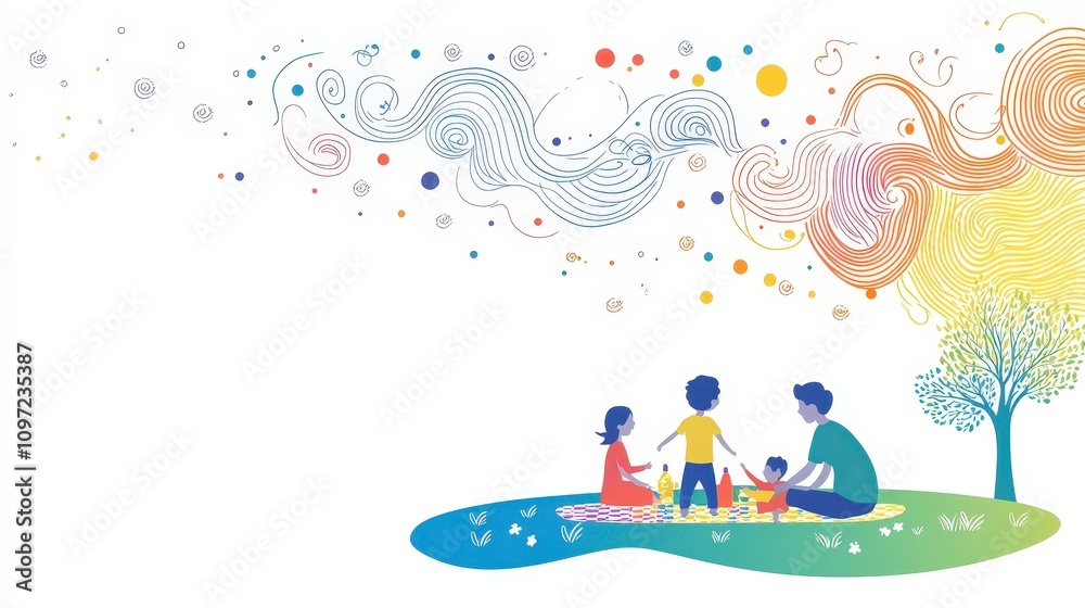 Family Enjoying a Colorful Picnic in an Artistic Park Setting Family Enjoying a Colorful Picnic in an Artistic Park Setting