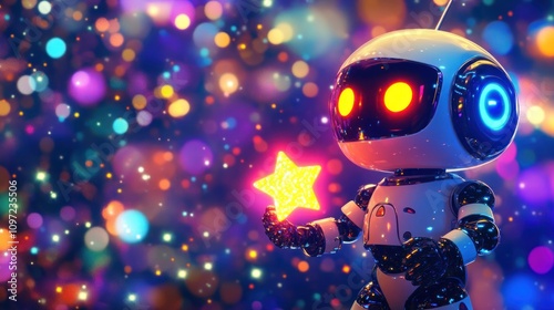 A cute robot holding a glowing star in a colorful, bokeh-filled background.