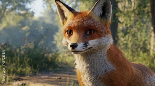 A realistic depiction of a fox in a natural forest setting.