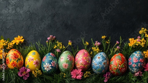 Colorful Easter Eggs Surrounded by Spring Flowers in a Rustic Setting