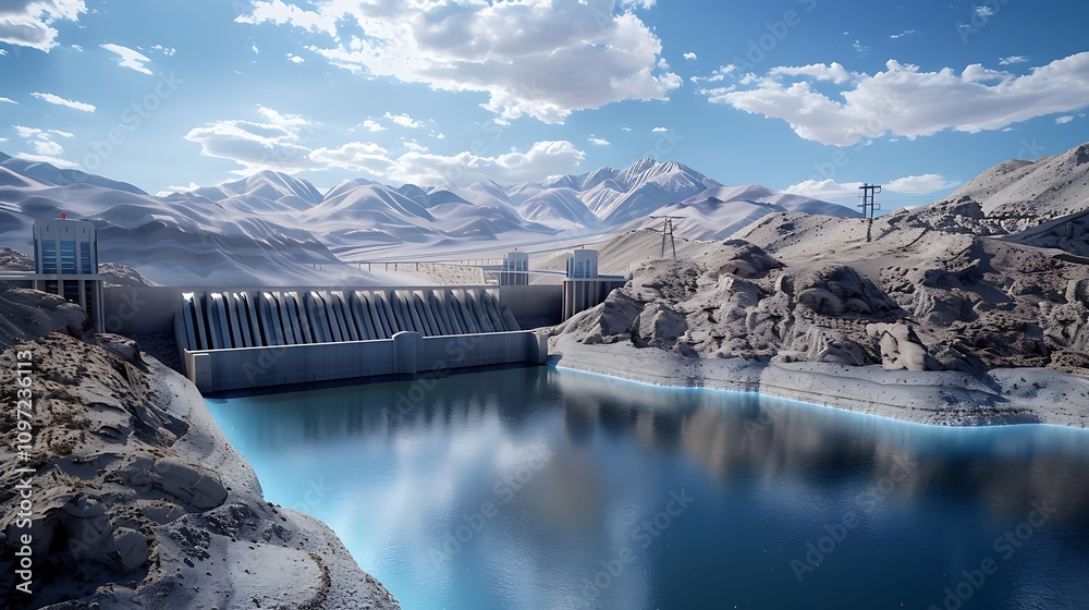 Obraz premium Largescale dams desert landscapes with infrastructure in use featuring reinforced concrete and innovative water management systems