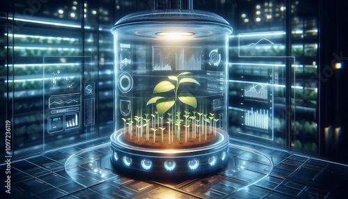 high-tech plant incubator glowing softly, with real-time growth data displayed holographically photo