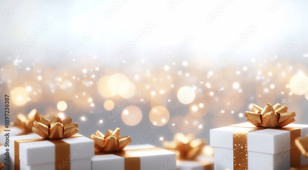 A festive arrangement of white gift boxes with golden bows and ribbons. A festive arrangement of white gift boxes with golden bows and ribbons.