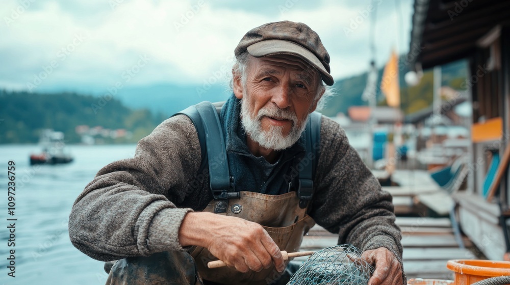 An elderly fisherman prepares his net by the water, reflecting a serene lifestyle by the lake. An elderly fisherman prepares his net by the water, reflecting a serene lifestyle by the lake.