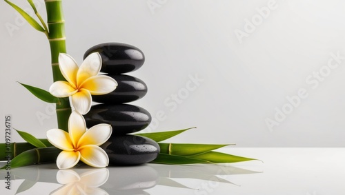 Serene spa stones with frangipani flowers and bamboo leaves