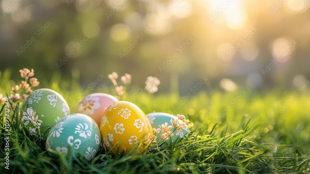 Colorful Easter Eggs Amidst Fresh Spring Grass and Blossoms Colorful Easter Eggs Amidst Fresh Spring Grass and Blossoms