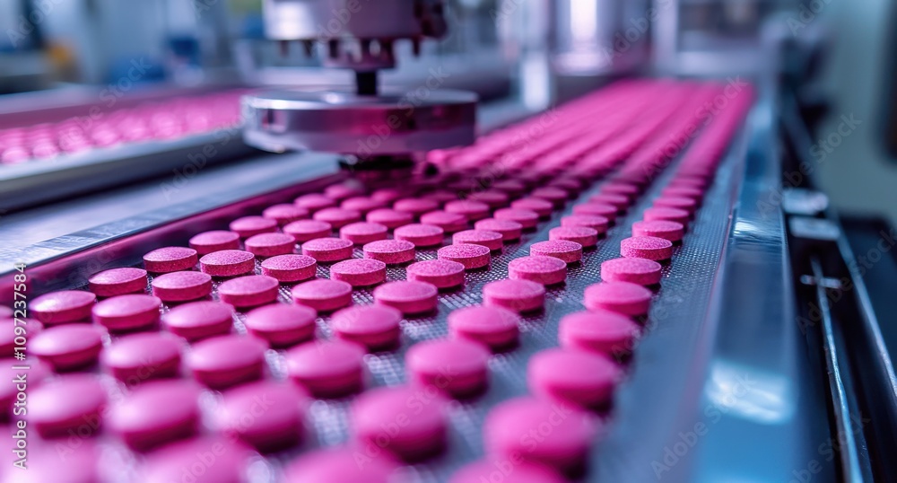 Close-up of pink pills on a pharmaceutical production line Close-up of pink pills on a pharmaceutical production line