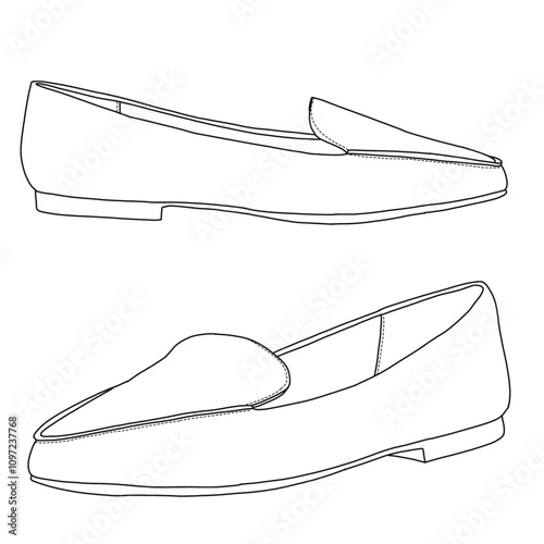 Women's Loafer Flat Slip On Shoes Line art, Technical sketch hand drawing outline vector doodle 3D isometric side view isolated on white background for coloring page