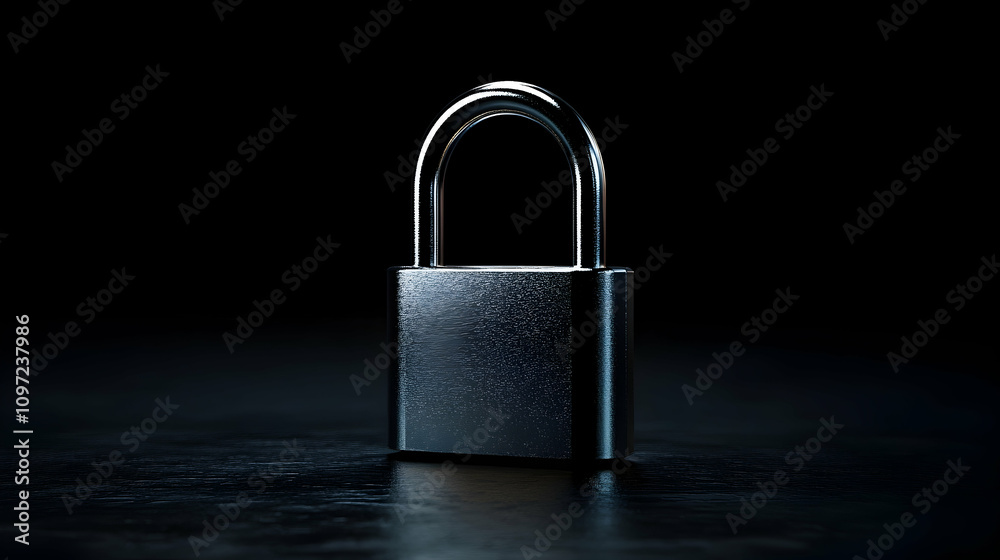 Close-up of a metallic padlock on a dark surface, reflecting light. Close-up of a metallic padlock on a dark surface, reflecting light.