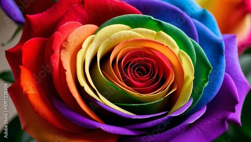Vibrant multicolored rainbow rose closeup with soft background