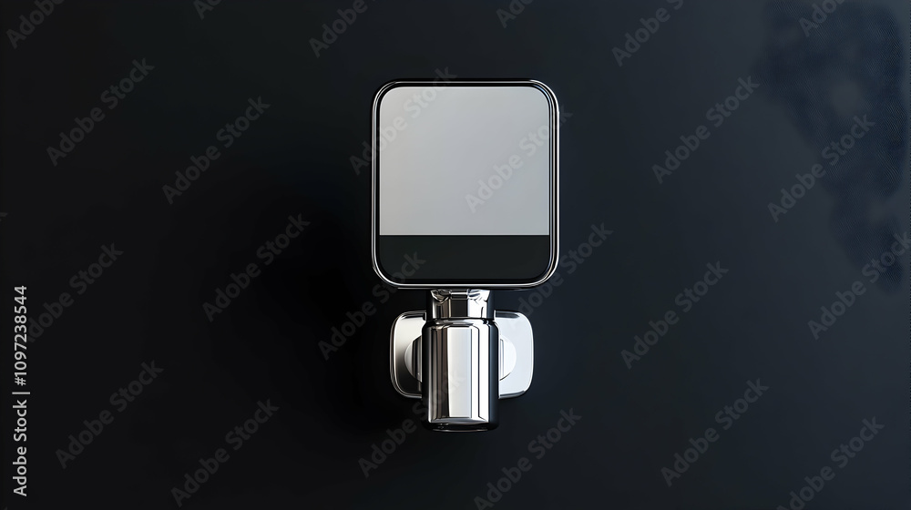 Close-up of a modern, square, chrome faucet with a blank digital screen on a dark background. Close-up of a modern, square, chrome faucet with a blank digital screen on a dark background.