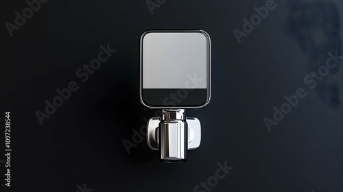 Close-up of a modern, square, chrome faucet with a blank digital screen on a dark background.