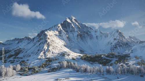 Snow-covered mountain and clear blue sky, showcasing winter serenity and rugged natural beauty.