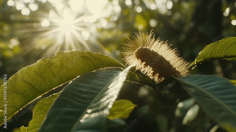 Close-Up of Caterpillar on Leaf with Sunlight in Background Close-Up of Caterpillar on Leaf with Sunlight in Background