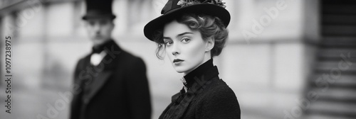 A black-and-white portrait of a woman in vintage attire, with a man in the background.