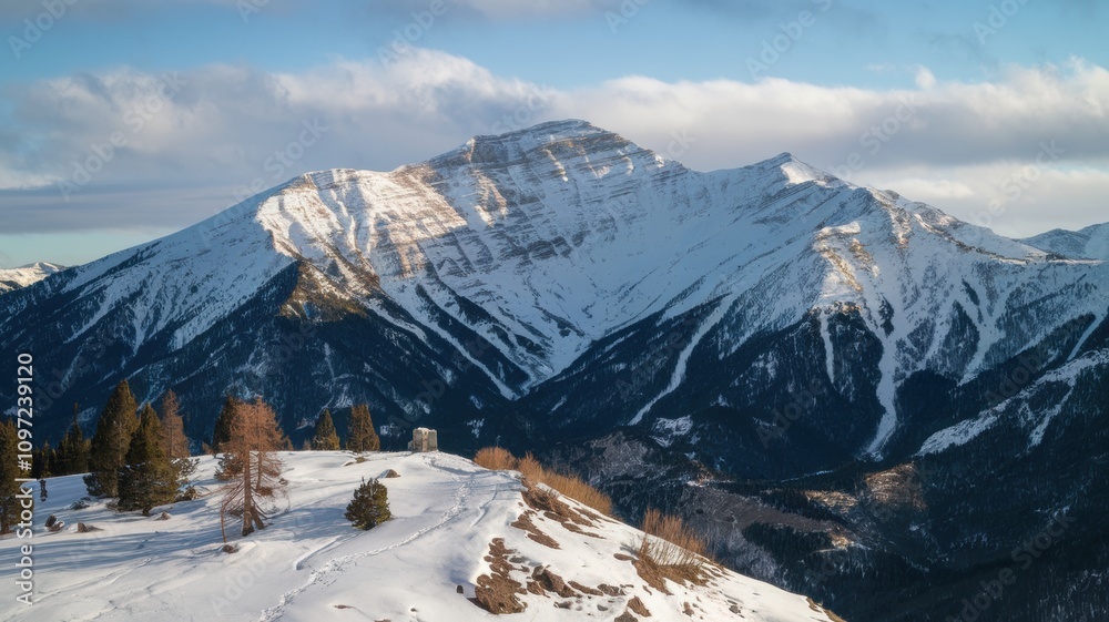 Fototapeta premium Snow-covered mountain and clear blue sky, showcasing winter serenity and rugged natural beauty.