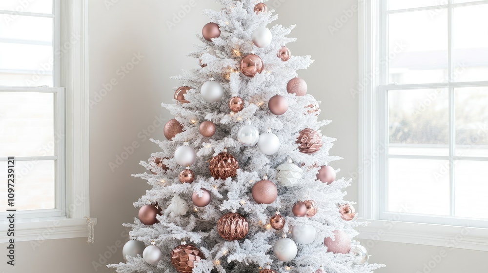 Elegant White Christmas Tree Decorated with Rose Gold Ornaments Elegant White Christmas Tree Decorated with Rose Gold Ornaments