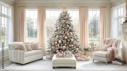 Elegant Christmas Living Room with Pink Decor and Festive Tree