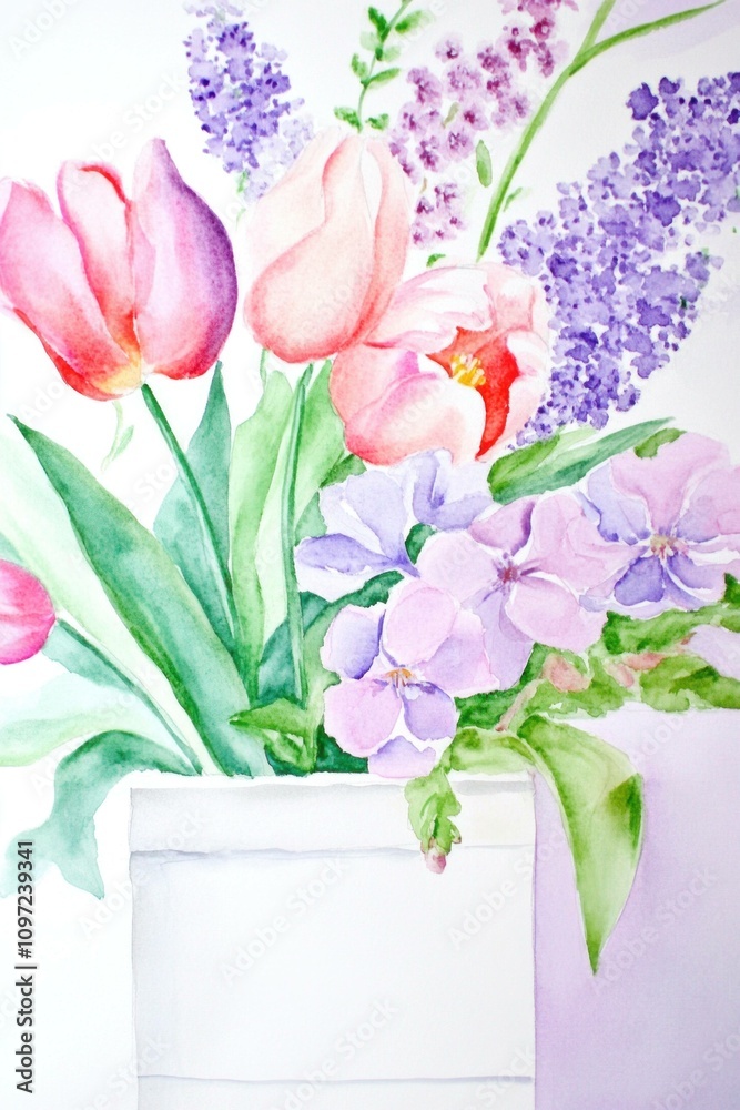 Obraz premium Colorful arrangement of tulips and lilacs in a white vase, symbolizing spring and fresh blossoms, brightening up any space with vibrant floral beauty.
