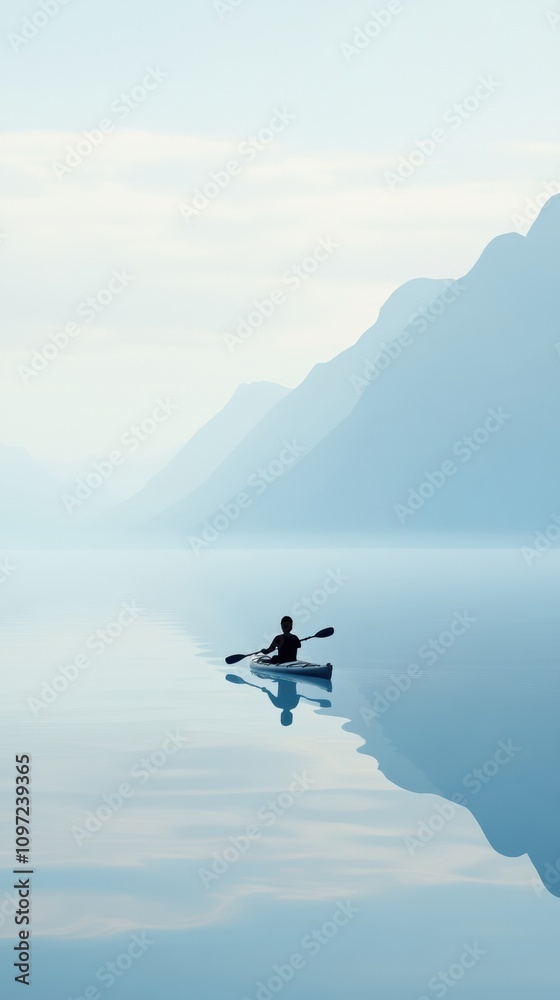 Fototapeta premium A lone kayaker paddles through serene, misty waters surrounded by majestic mountains, AI