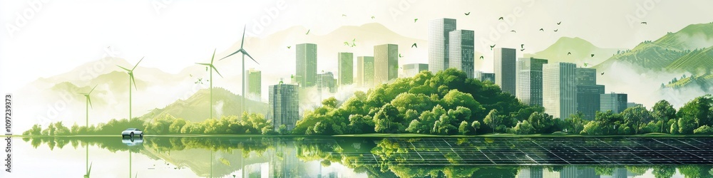 Fototapeta premium Green cityscape with sustainable energy solutions and nature