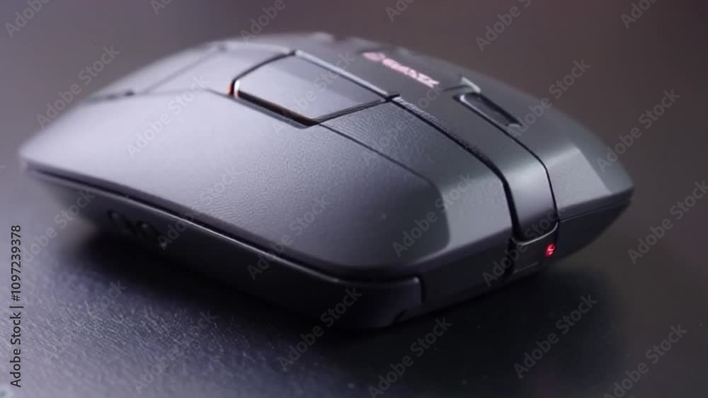 Sleek black computer mouse with LED lighting in a minimalist setting. Sleek black computer mouse with LED lighting in a minimalist setting.