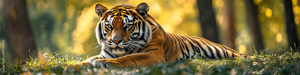 Fototapeta premium A majestic tiger resting on the grass, eyes fixed on the distance.
