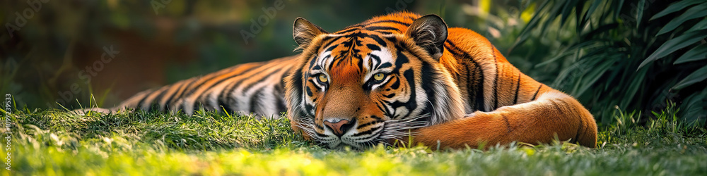 Fototapeta premium A majestic tiger resting on the grass, eyes fixed on the distance.