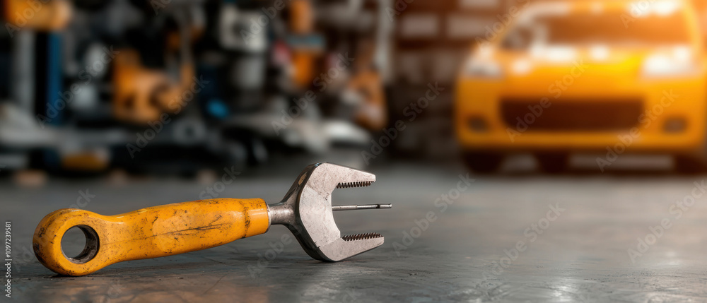 custom made wallpaper toronto digitalA close-up of a wrench on a workshop floor, with a blurred yellow car in the background, highlighting tools and automotive repair.