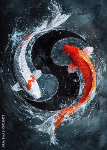 Obraz na płótnie Two koi fish, one red and one white, swimming in a swirling motion. Vibrant and dynamic water flow. w salonie