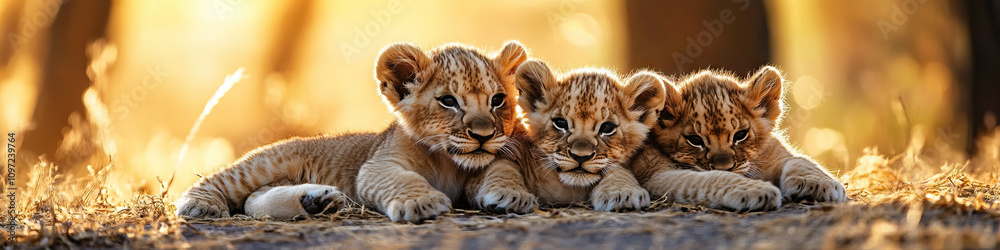 Obraz premium A group of lion cubs playing in the sunlight.