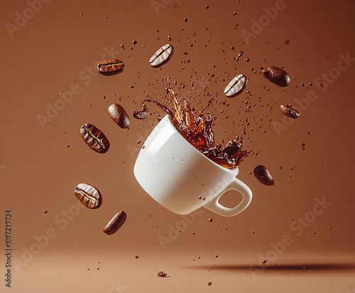 A cup of coffee with coffee beans is suspended in mid-air, with its ingredients and colors splashing around with brown background