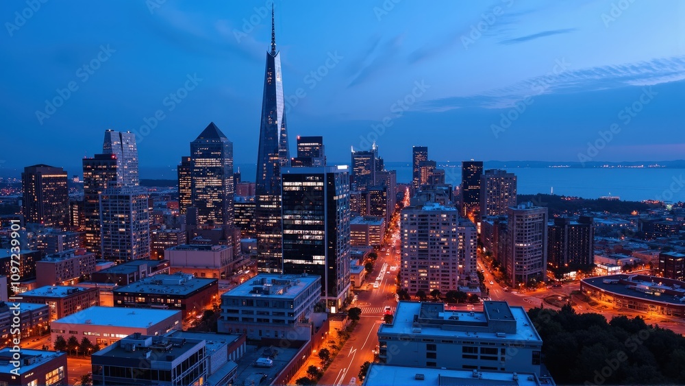 Obraz premium Generative AI, Dynamic Urban Skyline at Dusk