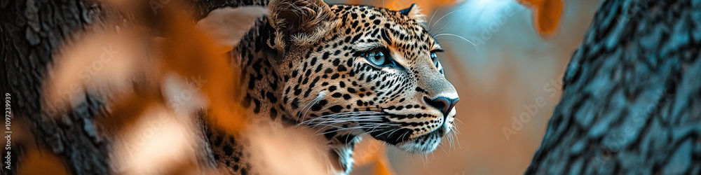 Obraz premium An elegant leopard in the shade of a tree, blending seamlessly into nature.