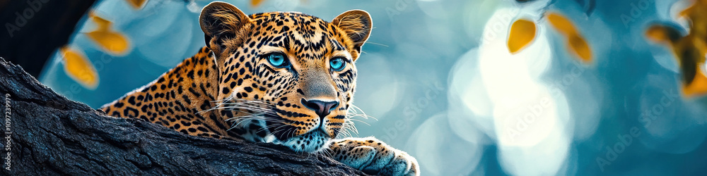 Fototapeta premium An elegant leopard in the shade of a tree, blending seamlessly into nature.