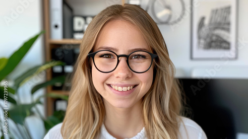 Free Download Bright, cheerful young woman with blonde hair, focused on her computer while enjoying a vibrant office space. - GFXLoad