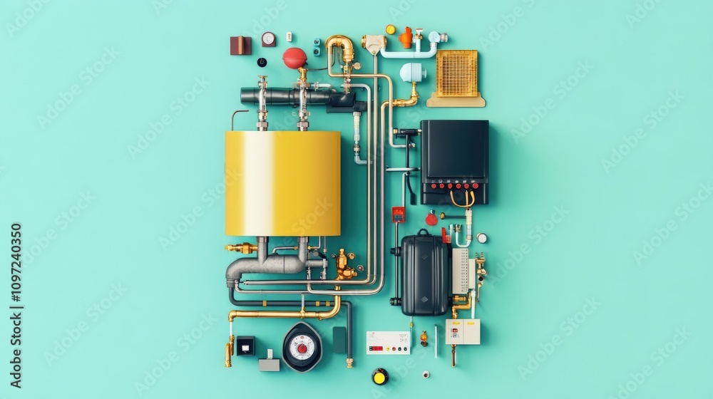 Fototapeta premium Colorful Plumbing and Heating Equipment Flat Lay on Turquoise Background