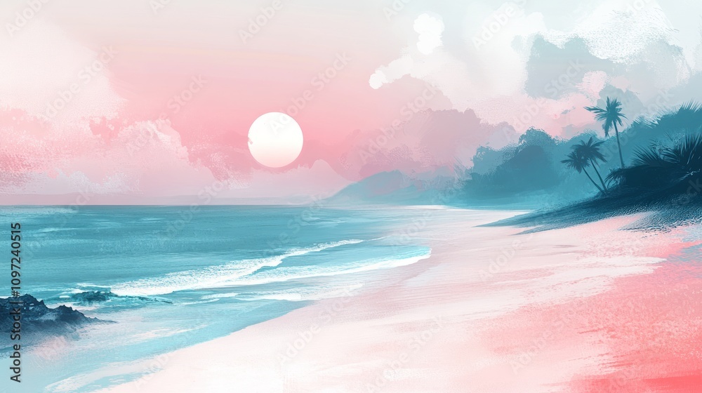Serene Beach Scene at Pastel Sunset with Palm Trees Serene Beach Scene at Pastel Sunset with Palm Trees