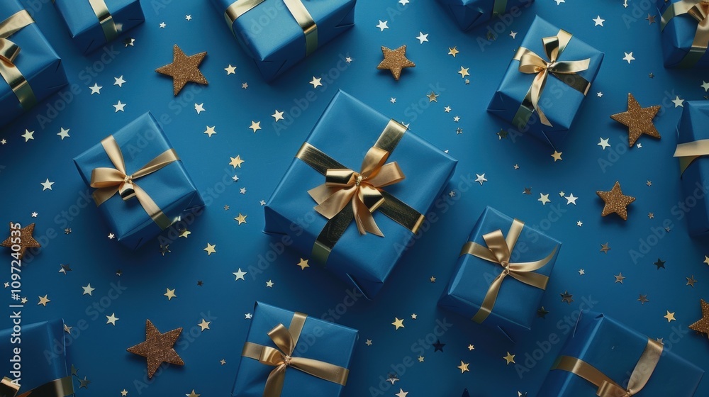 Elegant blue and gold gift boxes surrounded by stars and glittering confetti, creating a luxurious festive holiday aesthetic.