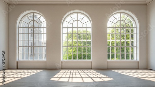 Bright, spacious room with large arched windows and natural light.