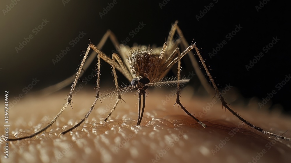 Close-Up of a Mosquito Feeding on Human Skin in Dim Light Close-Up of a Mosquito Feeding on Human Skin in Dim Light
