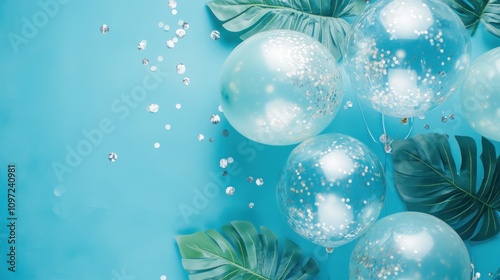 A festive arrangement of transparent balloons with confetti and tropical leaves on a blue background. photo