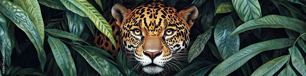 A shy jaguar disappearing into the dense jungle foliage. A shy jaguar disappearing into the dense jungle foliage.
